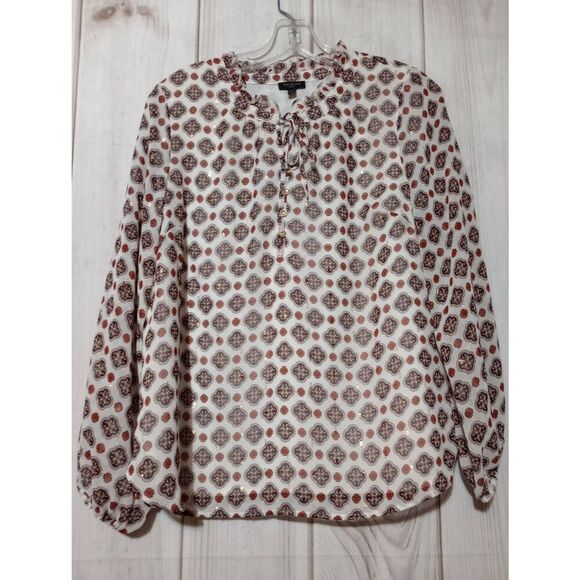 Talbots Shirt Ladies Medium Petite White Brown Sheer Sleeves Chiffon Light Weigh - Picture 1 of 7